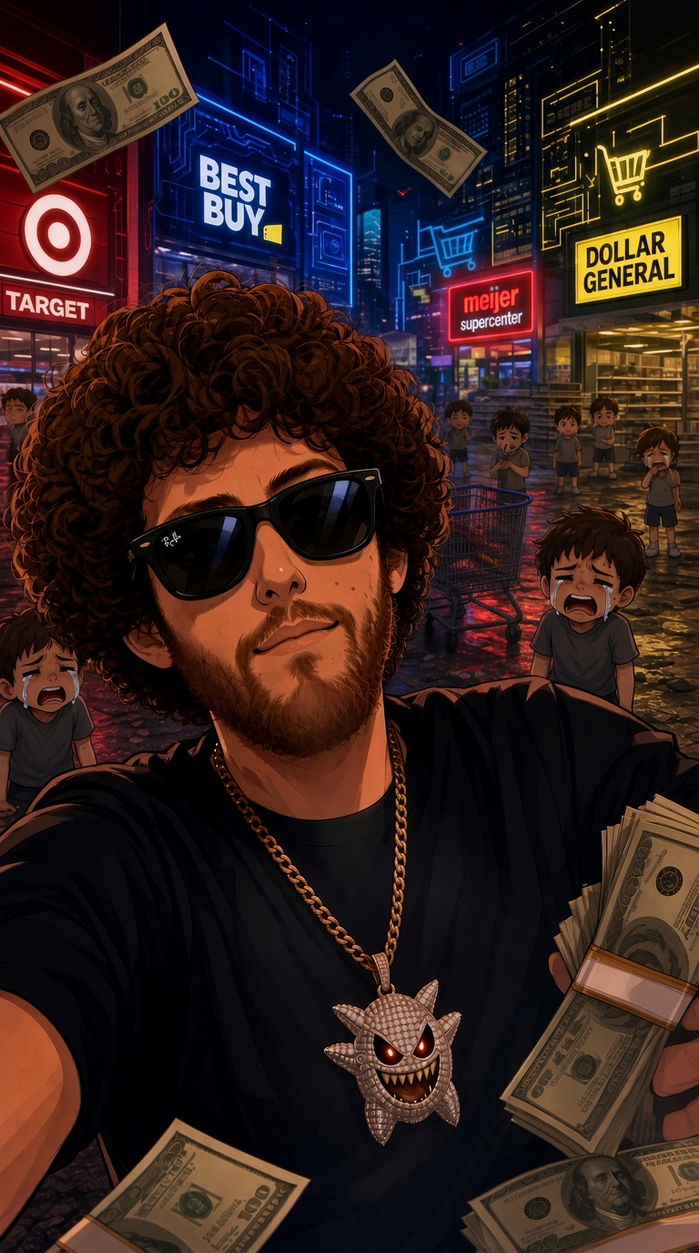 Ryan in sunglasses with a diamond Gengar chain holding stacks of cash outside neon Dollar General, Meijer and Best Buy storefronts